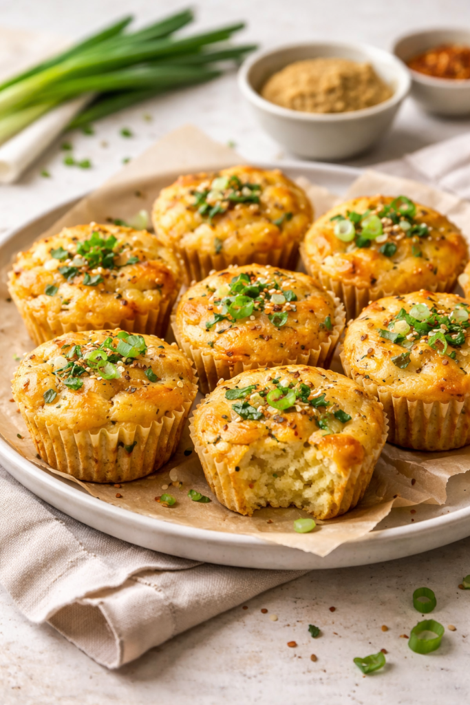 Savory miso-cheddar egg muffins with scallions, arranged on a plate with one muffin sliced open
